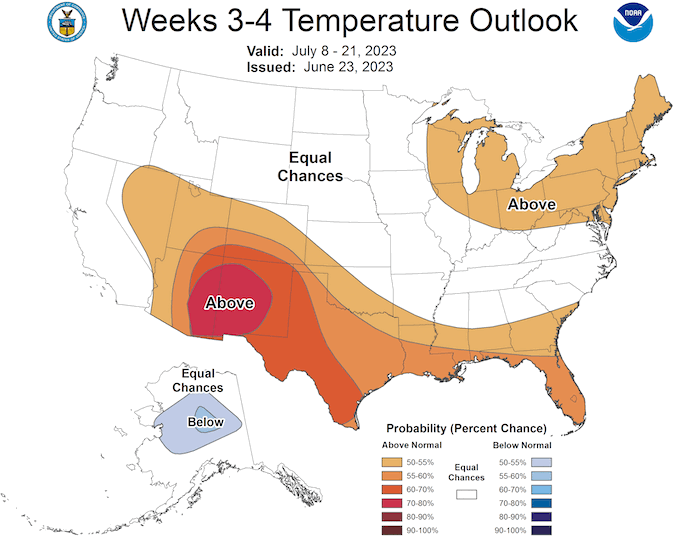 For July 8-21, odds favor above-normal temperatures across the Northeast.