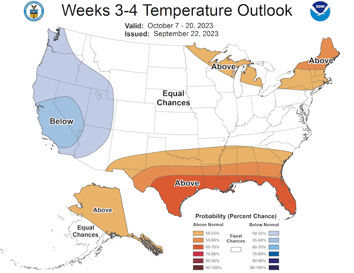For October 7th to 20th, odds favor above-normal temperatures across the Northeast.