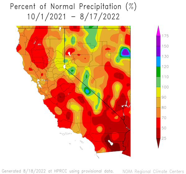Southern Nevada and much of California show less than 70% of precipitation for the water year. Eastern Sierra Nevada and parts of Northwest Nevada have received over 100% normal precipitation.