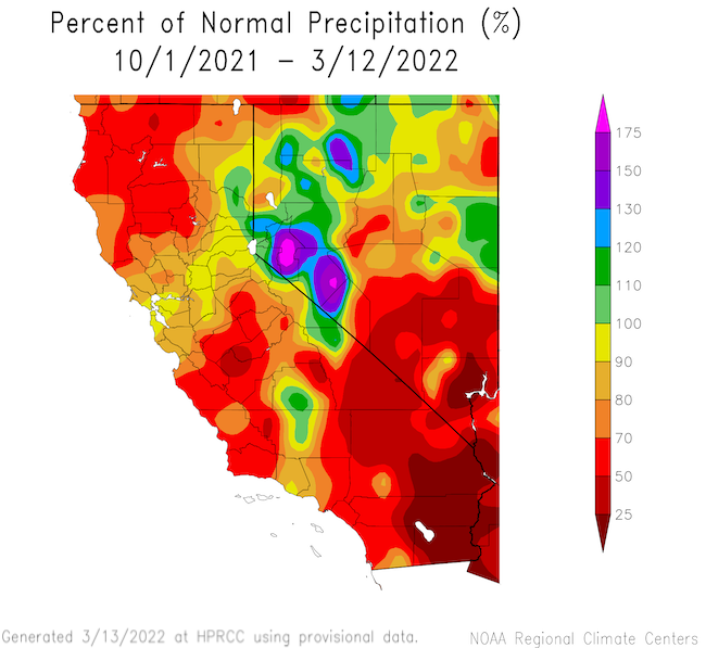 Percent of normal precipitation for California and Nevada from 10/1/2021 - 3/12/2022.  Southern Nevada and much of California show less than 70% of precipitation. Eastern Sierra Nevada and much of Northwest Nevada have received over 100% normal precipitation. 