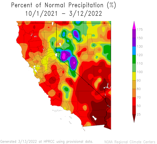Percent of normal precipitation for California and Nevada from 10/1/2021 - 3/12/2022. Southern Nevada and much of California show less than 70% of precipitation. Eastern Sierra Nevada and much of Northwest Nevada have received over 100% normal precipitation.