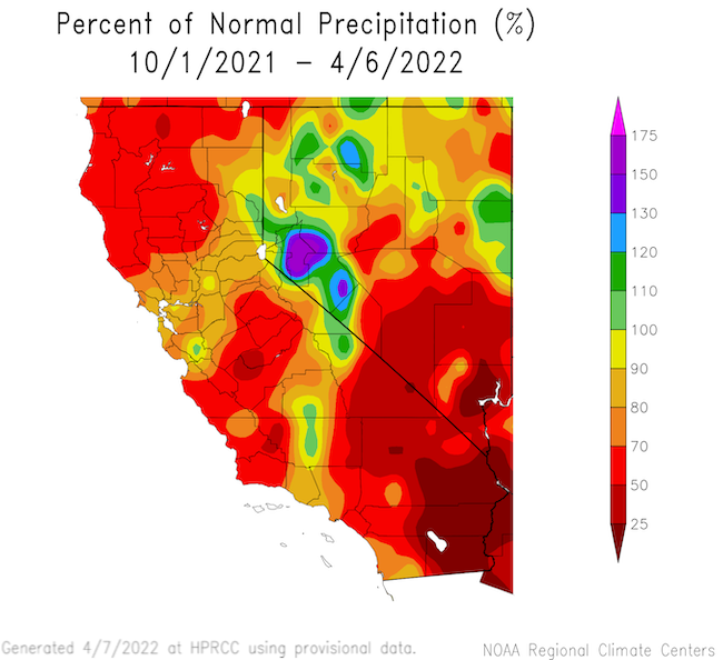 Percent of normal precipitation for California and Nevada from 10/1/2021 - 4/6/2022. Southern Nevada and much of California show less than 70% of precipitation. Eastern Sierra Nevada and much of Northwest Nevada have received over 100% normal precipitation.