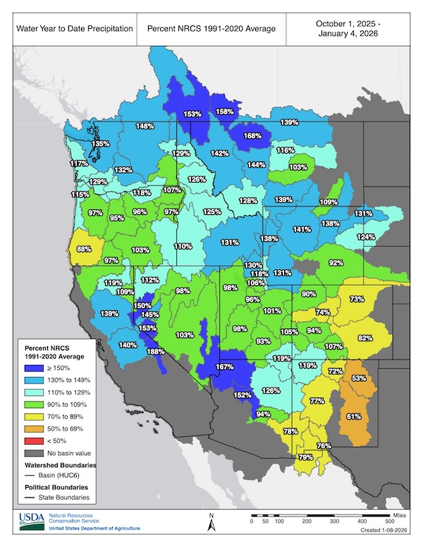 Water year precipitation to date (as of January 4, 2026) has been near normal to above-normal across much of the West, despite intensifying snow drought across many states. Warmer-than-normal temperatures have led to precipitation falling as rain rather than snow. Exceptions are in Montana, Wyoming, California, and high elevation regions of Idaho.