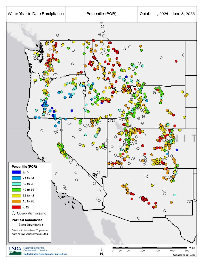 Below-normal water year precipitation to date (June 8, 2025) drove snow drought in the Pacific Northwest, Northern Rockies, and across the Southwestern U.S. (most severe in Arizona and New Mexico into southern Utah and Arizona).