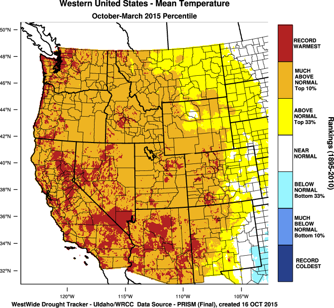 WestWide Drought Tracker map showing mean temperature for the Western U.S. from October - March 2015