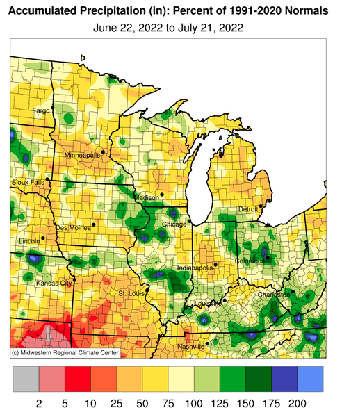 June 22 to July 21 precipitation has been below normal for parts of the Midwest, with the greatest deficits in southern Missouri.