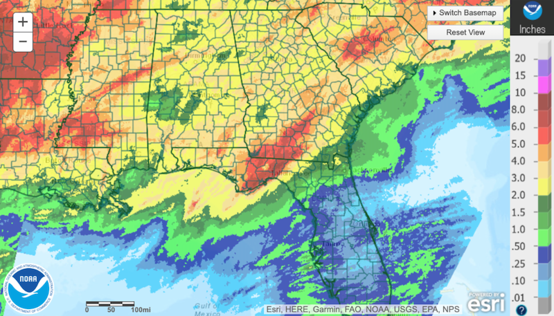 NOAA map of the Southeast showing 30-day precipitation totals. The past 30 days, the majority of the ACF has received 4 inches of rainfall or less with the exception of parts of SW GA and the FL panhandle.