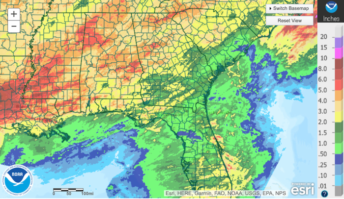 NOAA map of the Southeast showing 30-day departure from normal rainfall. The past 30 days, rainfall totals have been lower in the lower ACF with totals of ½ - 3 inches; with higher amounts in middle and upper ACF of 5-6 inches.