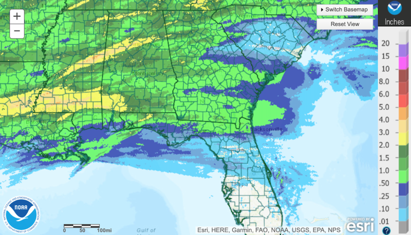NOAA Map showing total rainfall over the past 7 days in the Southeast. The past 7 days, most of the ACF Basin has received between 1-2 inches of rainfall.