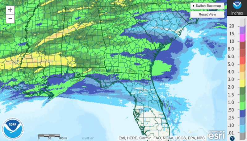 NOAA map of the Southeast showing 90-day departures from normal. Throughout most of the ACF River Basin, rainfall departures have been 2 inches or less above normal, though parts of southern and central GA and AL saw departures above 2 inches.