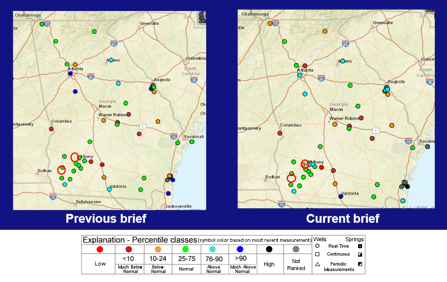 Real-time groundwater levels compared to normal conditions across the ACF basin on December 15, 2020 (left image) and January 26, 2021 (right image). Most stations are in the normal range (25%-75%), with levels ranging from above-normal (76%-90%) to low.