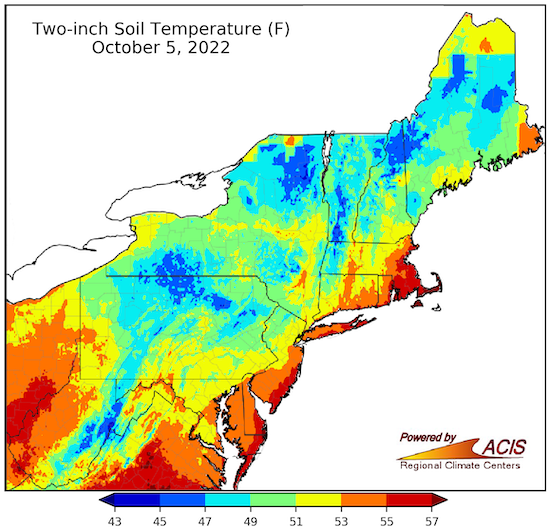 2-inch soil temperatures are at or below 53 degrees F in most of the Northeast. Temperatures above 55 degrees are observed in coastal Massachusetts.