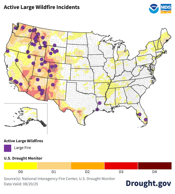  Large wildfires are burning in every Western state except for Hawaii and Alaska. Extreme or Exceptional Drought (D3/D4) is present in Arizona, New Mexico, Colorado, Utah, California, Nevada, Idaho, Oregon, Washington, Montana, Texas, Florida, and Hawaii.