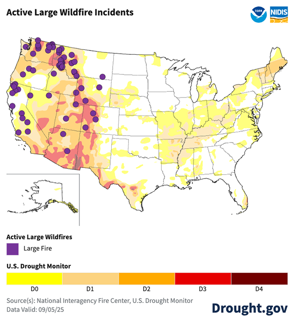 Large wildfires are burning in every Western state except for Hawaii and Alaska. Extreme or Exceptional Drought (D3/D4) is present in Arizona, New Mexico, Colorado, Utah, California, Nevada, Idaho, Oregon, Washington, Montana, Texas, and Hawaii.