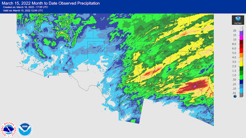 A map of Kansas, Oklahoma and Texas showing total precipitation for month-to-date as of March 16, 2022. Western Kansas, Oklahoma and Texas have all received less than 0.1 inches.