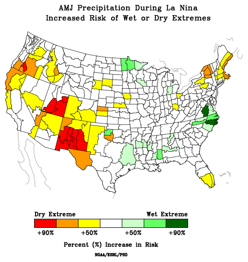 isk of wet or dry extremes from the historical composite of April through June La Ninas from NOAA ESRL/PSL for the continental US. Extreme dry conditions are likely for much of the Southwest. 