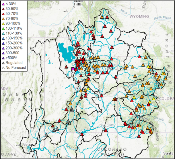 Map of the Upper Colorado River Basin with a marker at each stream gauge along the Colorado River, its major tributaries and the eastern Great Basin. Most markers indicate between 40% and 100% of runoff is forecast for the April-July period.