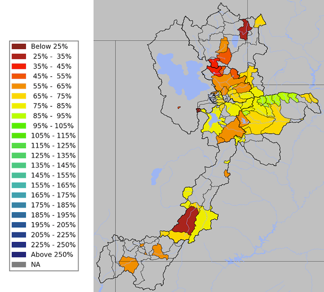 Utah April-July streamflow volume forecasts as a percent of normal. March streamflow forecasts have declined 15%-25% since the February 1 forecasts