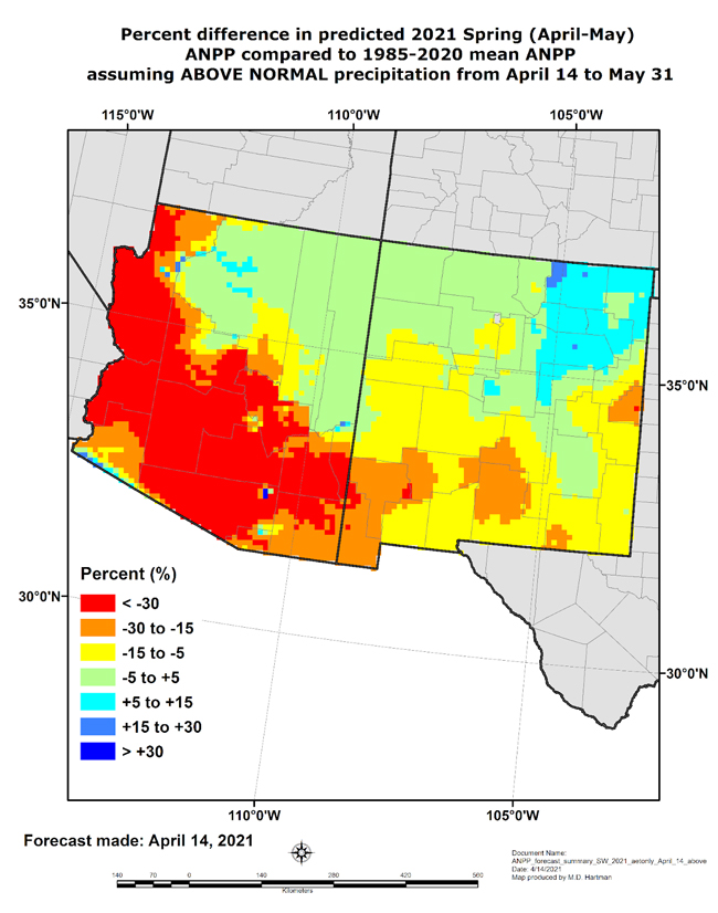 A map of expected grass growth, as measured using above-ground net primary production, for the months April and May for an above normal precipitation scenario. Even if precipitation was above average grass growth in southern Arizona and New Mexico would still be below average due to antecedent drought conditions.