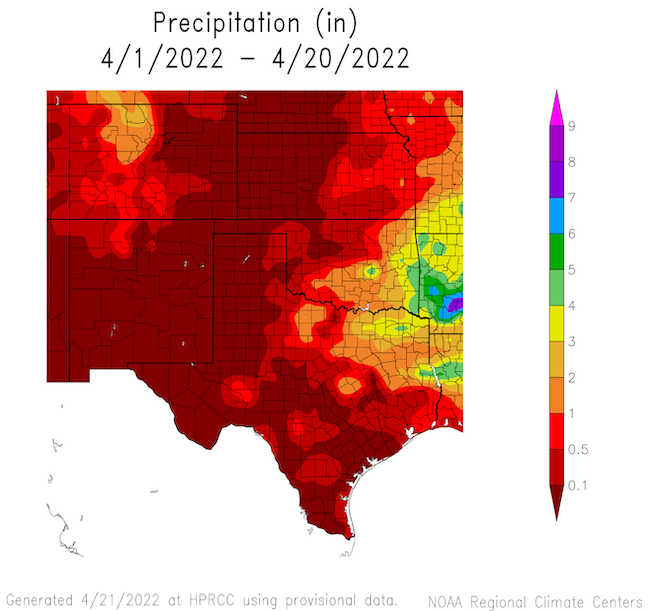 A map of Kansas, Oklahoma and Texas showing total precipitation for the month-to-date as of April 17, 2022. 