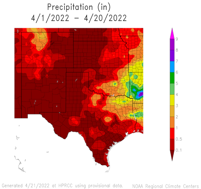 A map of Kansas, Oklahoma and Texas showing total precipitation for the month-to-date as of April 17, 2022.