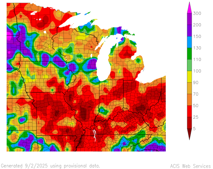 August precipitation was below normal across the majority of the Midwest region. All Midwest states with the exception of Wisconsin had areas where precipitation departures were only 5-50% of normal.