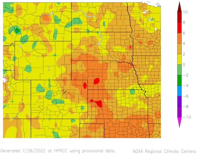 From May 27 to July 25, temperatures were above-normal across most of the Missouri River Basin.