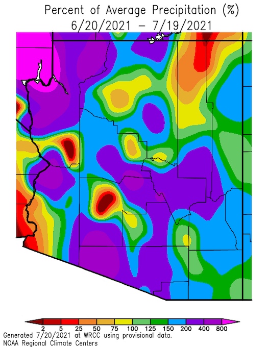 Arizona percent of average precipitation from June 20 to July 19, 2021. The monsoon has brought above-normal precipitation to parts of northwestern, central, and south-central Arizona.