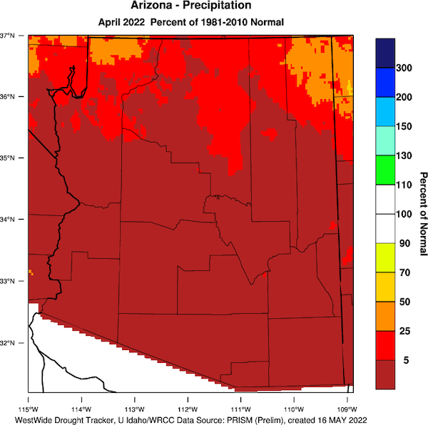 April 2022 precipitation across Arizona was less than 5% of the 1981-2010 normal