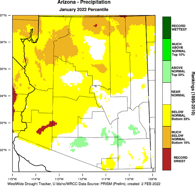 Map of Arizona showing precipitation rankings for January 2022. All but the southeastern third of the state had below normal precipitation for the month.