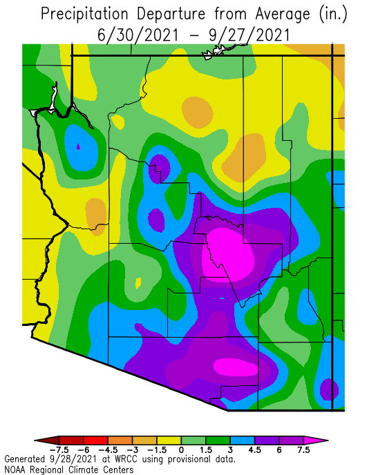 Arizona departure from average precipitation for June 30–September 27. The 2021 monsoon recorded above average precipitation, particularly in central and southern Arizona, ultimately improving meteorological, agricultural, and ecological drought across most of the state.