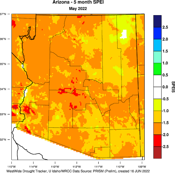 Standardized Precipitation Evapotranspiration Index (SPEI) for January to May across Arizona