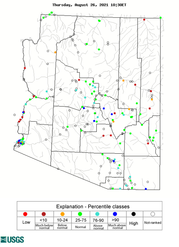 Current daily streamflow across AZ shows that the majority of streamflow in the state is above normal on August 26, 2021