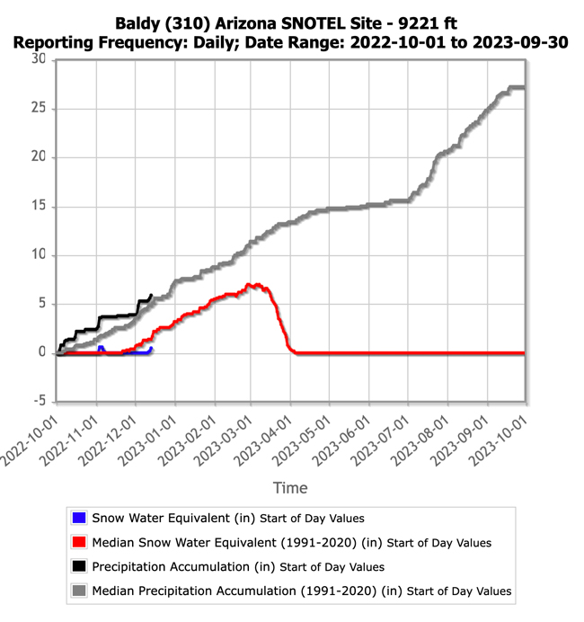 At the Baldy, Arizona SNOTEL station, water year precipitation has been near-to-above normal, but water year snow water equivalent is below normal.