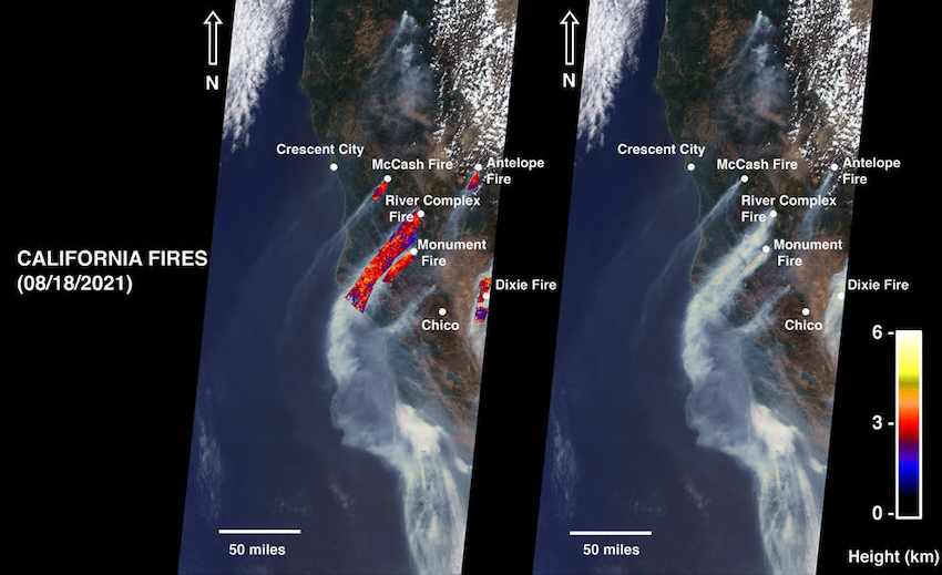 Images from NASA’s MISR instrument showing smoke plumes from five fires burning in northern California from August 18, 2021.