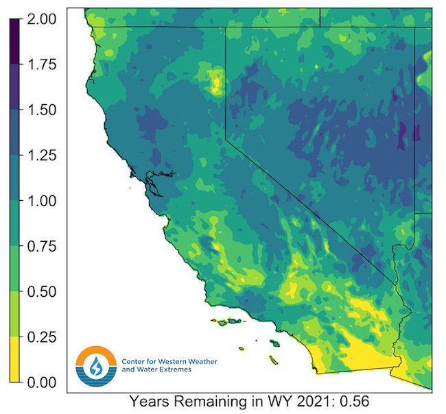 A map of California and Nevada shows water deficit as a fraction of normal water year’s precipitation. Much of the region is greater than 0.75 years with the exception of parts of southern California.