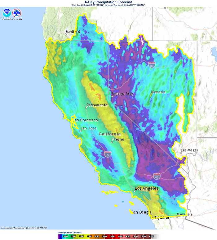Map of California-Nevada showing 6-day gridded forecast precipitation (inches). Highest values are greater than 1.5 inches (yellow) over the Sierras, southern CA, and northwest CA, with the lowest values in the southern CA deserts and northern NV. 