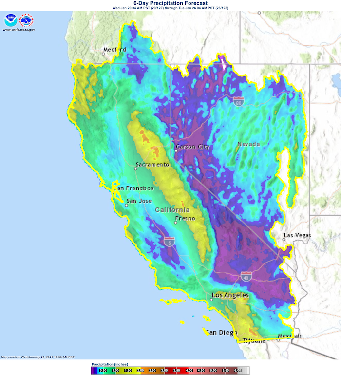 Map of California-Nevada showing 6-day gridded forecast precipitation (inches). Highest values are greater than 1.5 inches (yellow) over the Sierras, southern CA, and northwest CA, with the lowest values in the southern CA deserts and northern NV.