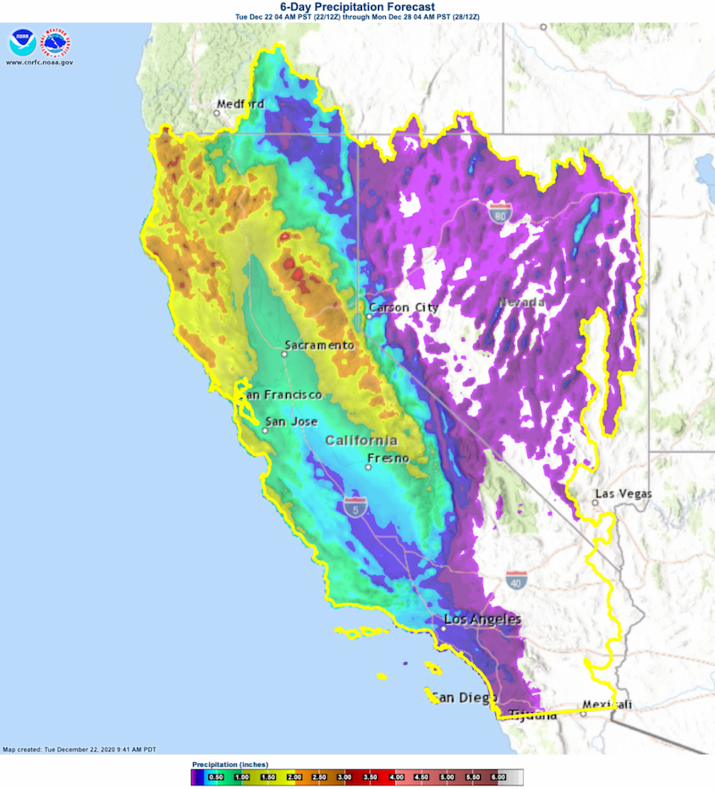 6-day precipitation forecast from from December 22-28 from the National Weather Service's California-Nevada River Forecast Center.
