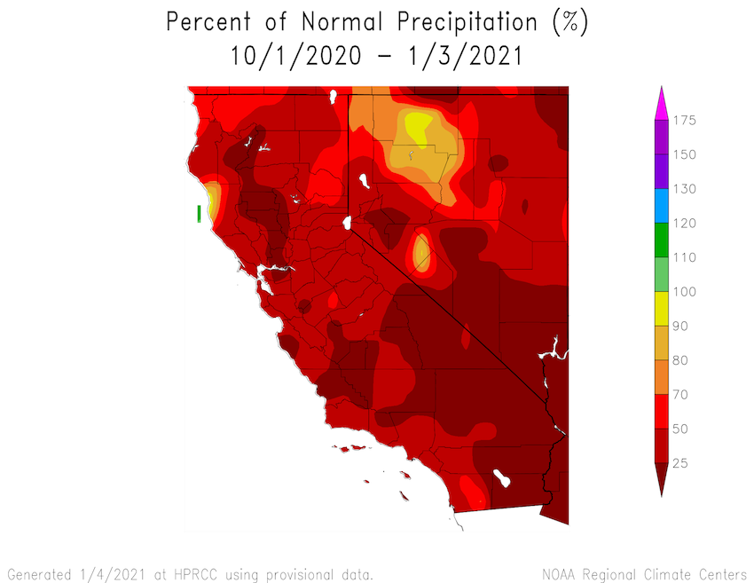 Map of California and Nevada Showing Percent of Normal Precipitation for the Last Water Year. Most regions show lower precipitation than normal, including regions with values of 5% or lower in southeast California and Nevada