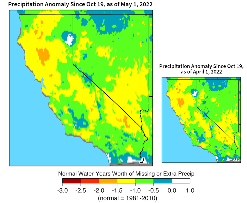 Two maps of the Western US showing the missing or excess number of years of precipitation between October 1, 2019 and May 1 2022 (left) and Between October 1 2019 and April 1, 2022 (right) based on normal (1981-2010 average) water year precipitation. Much of California and Nevada are missing more than 0.5 years of precipitation. Parts of northern California are missing 1.25-1.75 years’ worth of precipitation. There are only very slight differences between the two maps illustrating that April precipitation in northern California and Nevada did little to alleviate the drought.