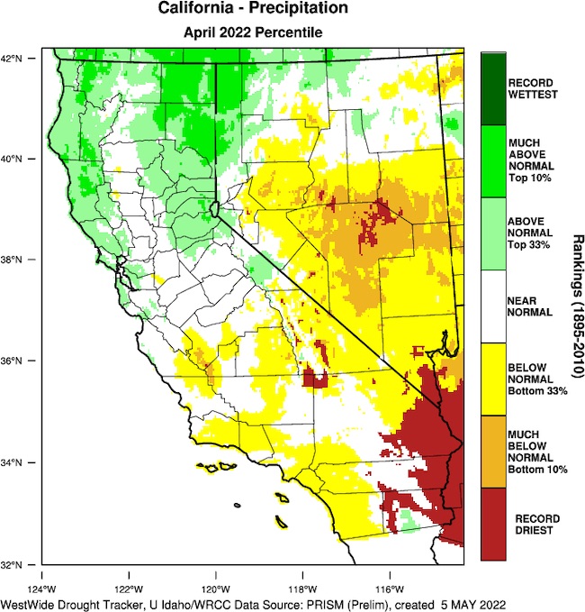 A map of the state of California and Nevada shows the April 2022 precipitation percentile. Northern California is in the top 33rd percentile while much of central and southern Nevada and southern California are in the bottom third. 