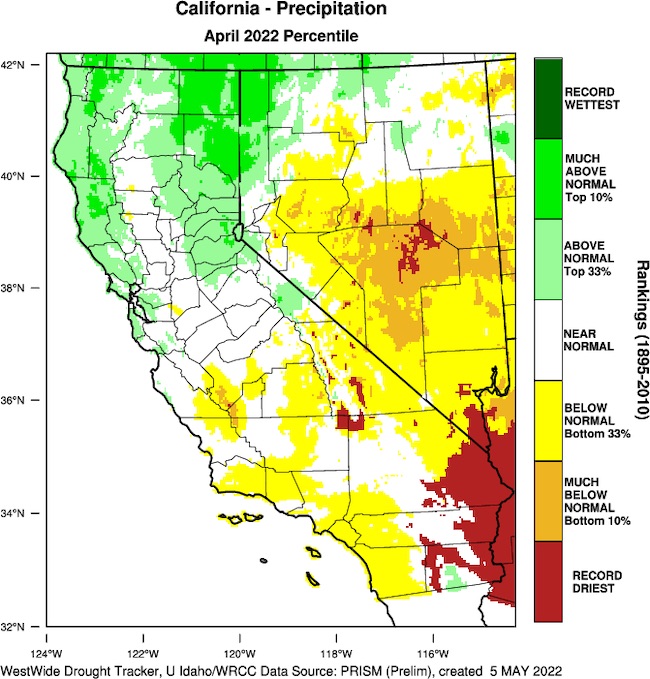A map of the state of California and Nevada shows the April 2022 precipitation percentile. Northern California is in the top 33rd percentile while much of central and southern Nevada and southern California are in the bottom third.