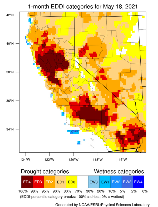 California Nevada map of one-month EDDI for 5/18/2021. One-month EDDI shows ED3-ED4 category over southern CA and the Bay area to the Sacramento Valley, as well as pockets over western and southwestern Nevada.