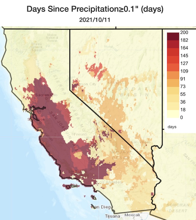 A map of the number of days since the last wetting precipitation event over California and Nevada from 10/11/2021. A large swath of central California from northern Los Angeles county to the southern Sacramento valley including the entire central coast has gone upwards of 200 days since the last day with at least 0.1” of precipitation. 