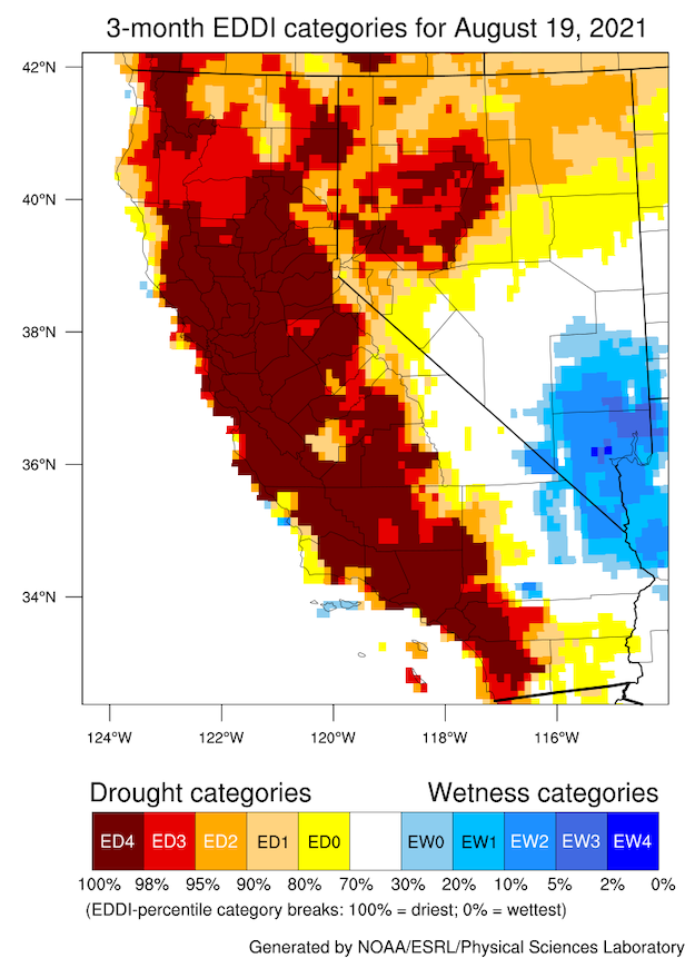 A California Nevada map of current Evaporative Demand Drought Index (EDDI) from 8/19/2021 over the last 3 months. Much of California is showing the driest EDDI percentile category throughout the state. Southern Nevada is showing 10-5 percentile wet conditions in both the 3 week and 3 month images.  