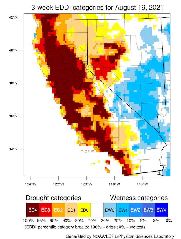 A California Nevada map of current Evaporative Demand Drought Index (EDDI) from 8/19/2021 over the last 3 weeks. Much of California is showing the driest EDDI percentile category throughout the state. Southern Nevada is showing 10-5 percentile wet conditions in both the 3 week and 3 month images.  