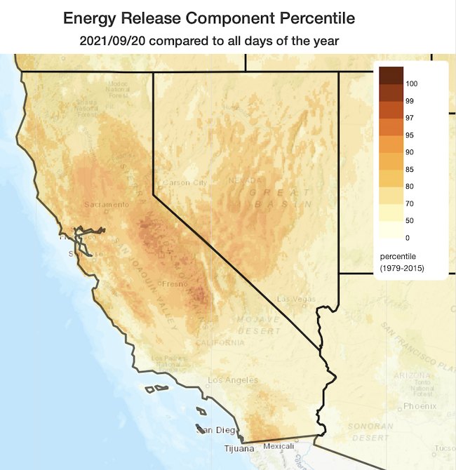 A map of the Energy Release Component percentiles over California and Nevada from 9/20/2021. A large swath of California has Energy Release Component values above the historical 90th percentile (darker red colors), including much of the southern Sierra Nevada with conditions above the historical 99th percentile. Elevated Energy Release Component values enhanced large fire potential where fuels are available. 