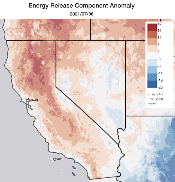 California-Nevada map showing Energy Release Component departure from 1991-2020 average for 7/6/2021. Areas of above normal Energy Release Component highlight areas of enhanced large fire potential where fuels are available.