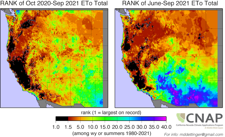 The evaporative demand rankings for the Western U.S. for the 2021 Water Year (Oct-Sept) (left) and 2021 summer (Jun-Sept) (right). e. Much of California has record setting evaporative demand and Western Nevada had 5th or highest evaporative demand this summer and water year. 
